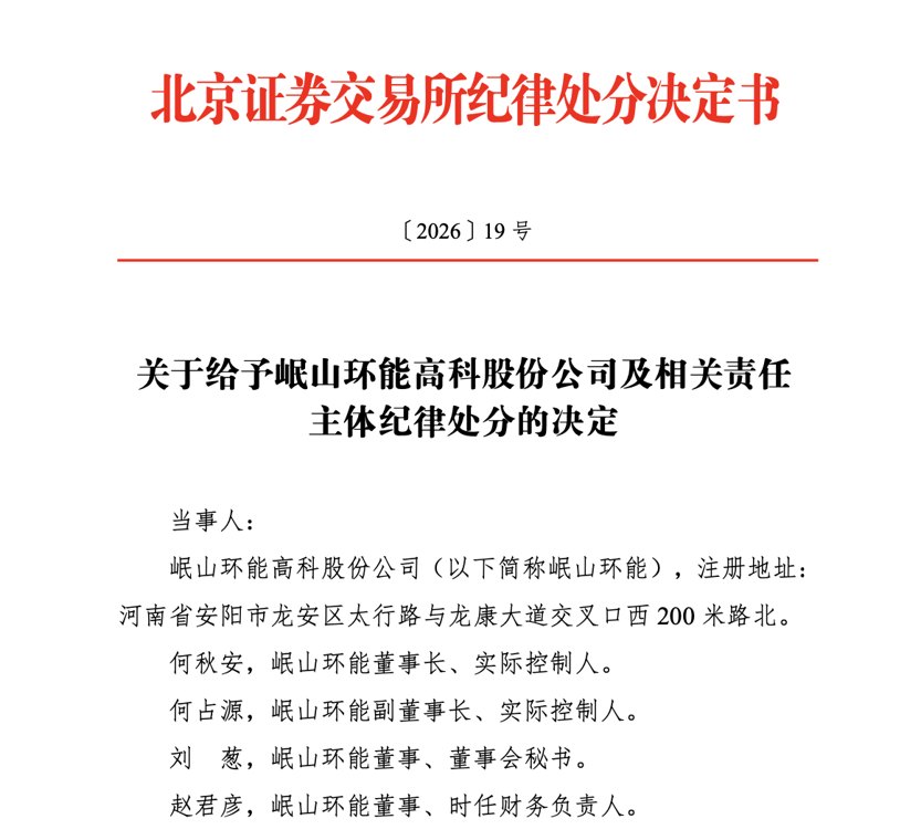 岷山环能被北交所纪律处分 中介机构被出具警示函
